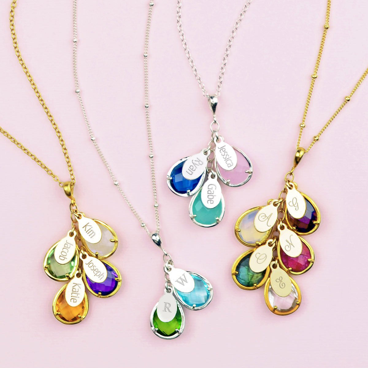 Four Customized Cascade Mother's Necklaces with Teardrop birthstone pendants and engraved name or initial tags