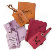 Honey, raspberry and lavender passport holders and luggage tags engraved, custom names, message and clipart