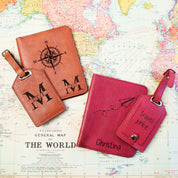 Create a passport holder and matching luggage tag set. 1 honey set with compass and family monogram, 1 raspberry set with paper airplane, name and phrase