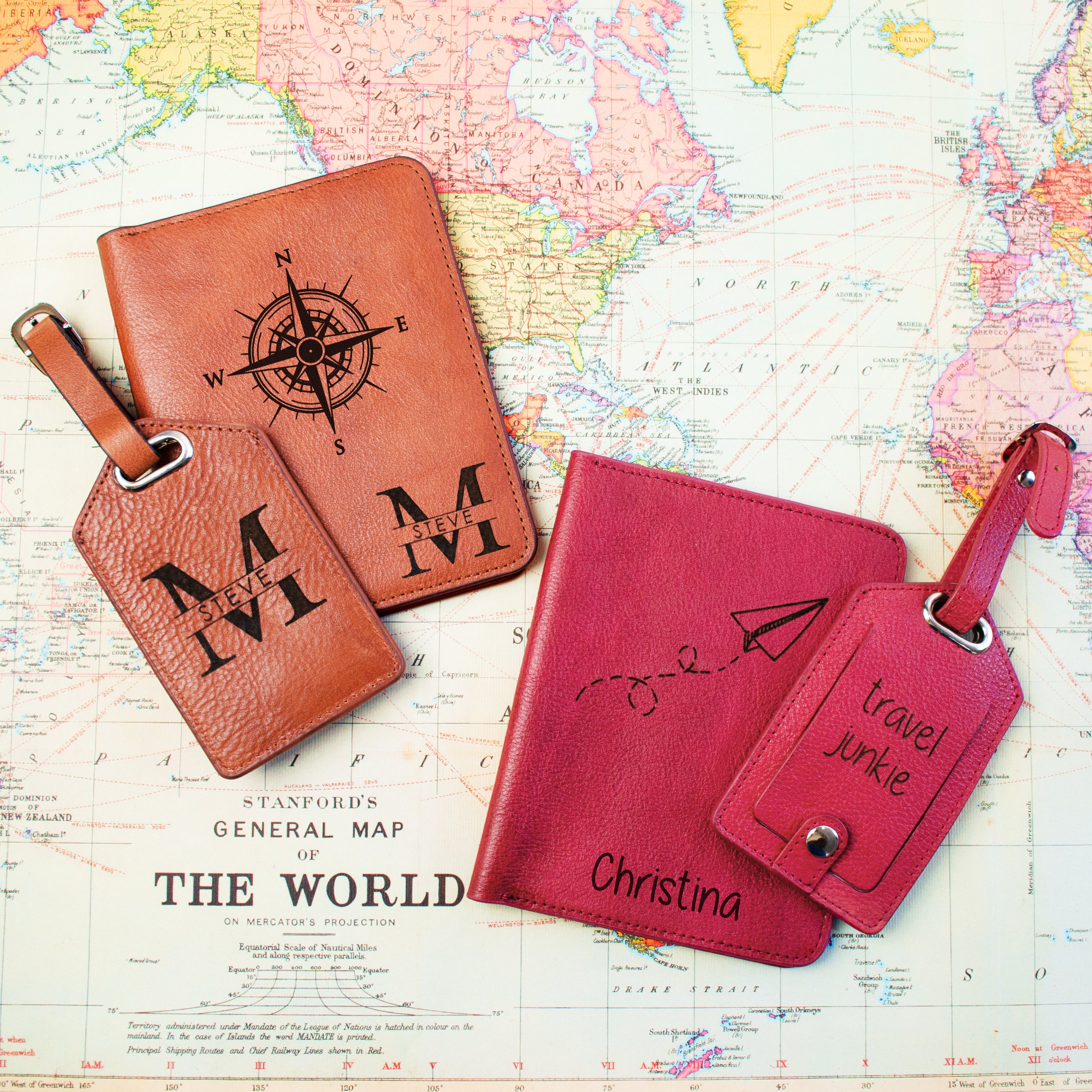 Create a passport holder and matching luggage tag set. 1 honey set with compass and family monogram, 1 raspberry set with paper airplane, name and phrase