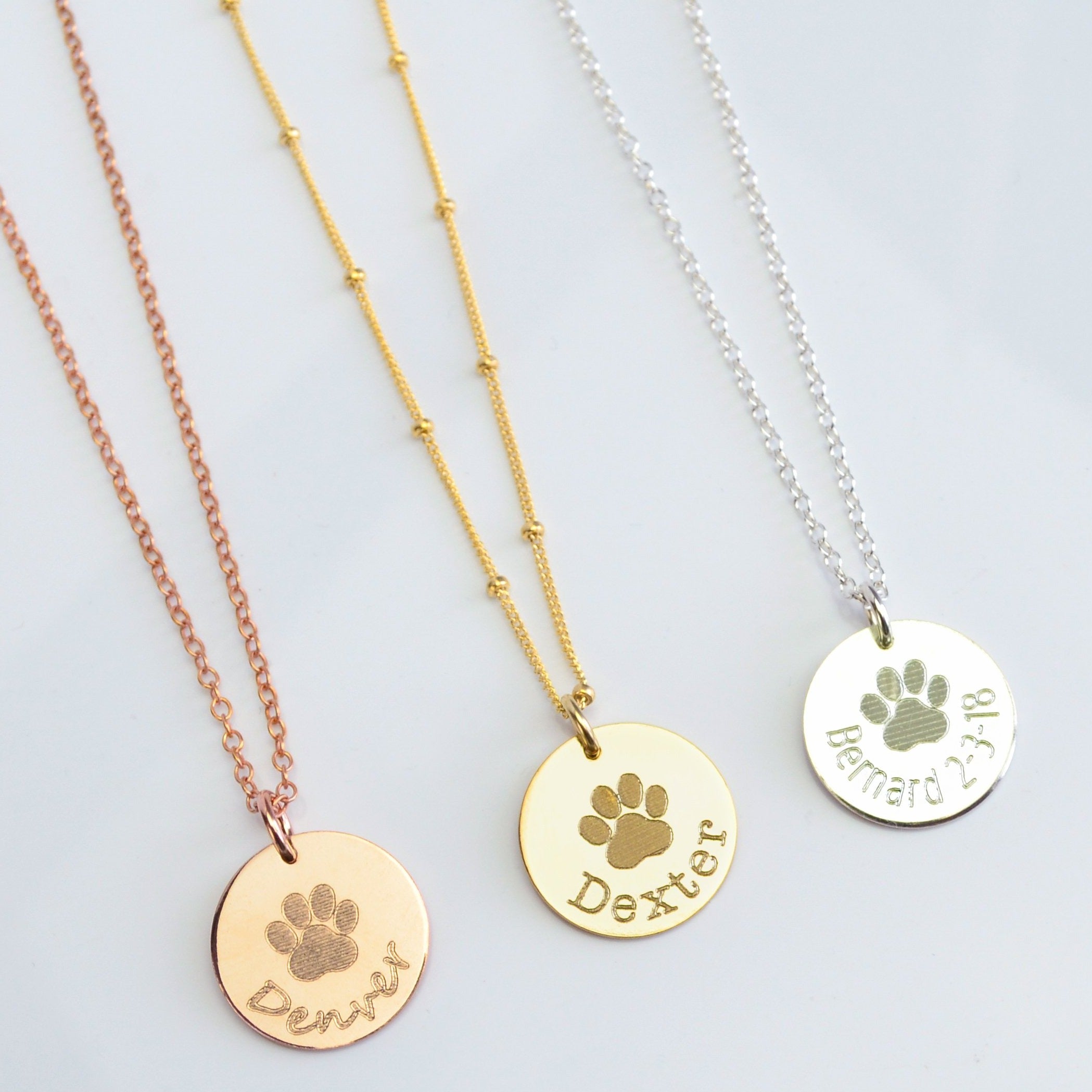 Cable or Satellite Chain Style Rose Gold Silver Yellow Gold Metal Jewelry Paw Print Engraving