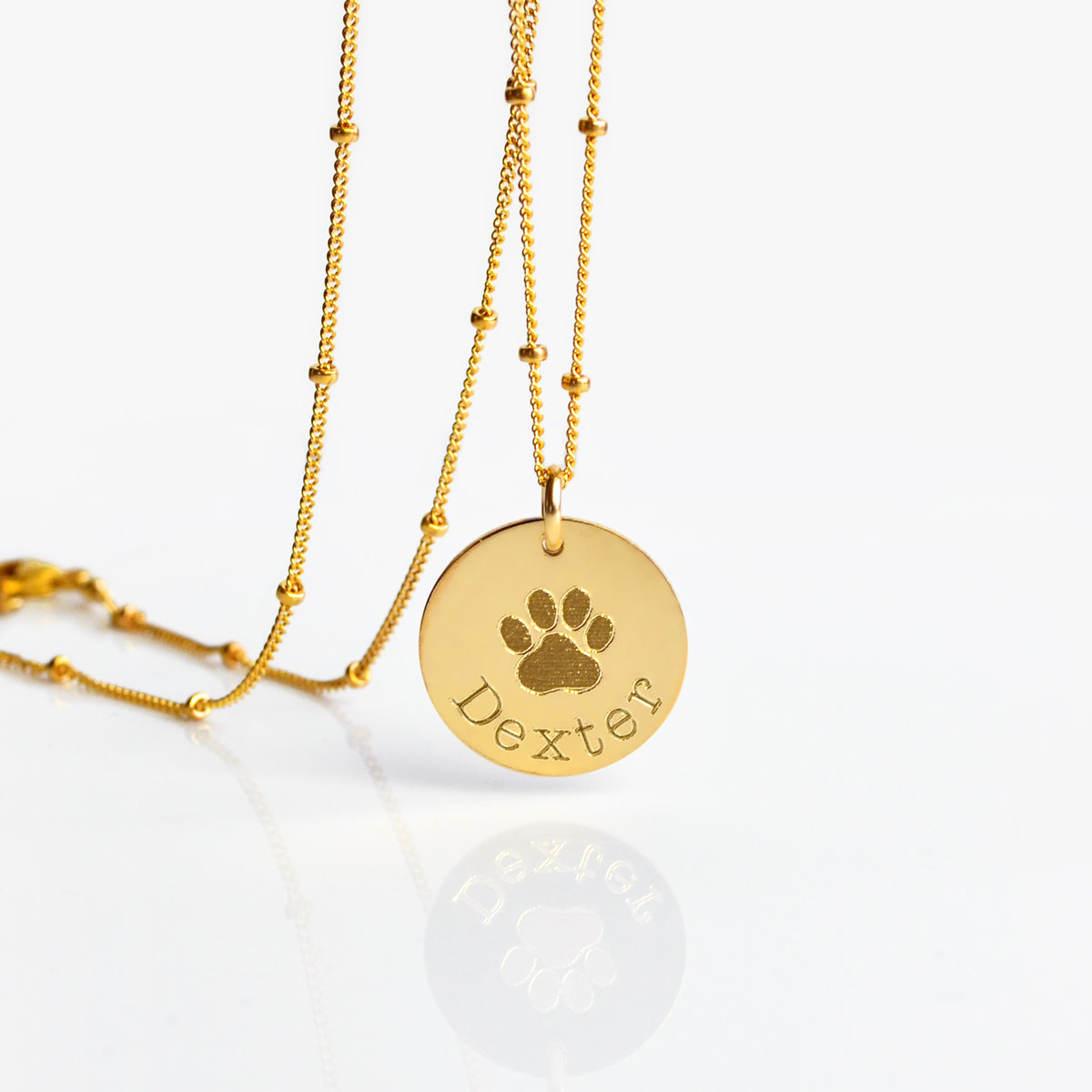 gold-filled personalized necklace paw print pet necklace in memory of pet name and paw print engraved disc pendant necklace