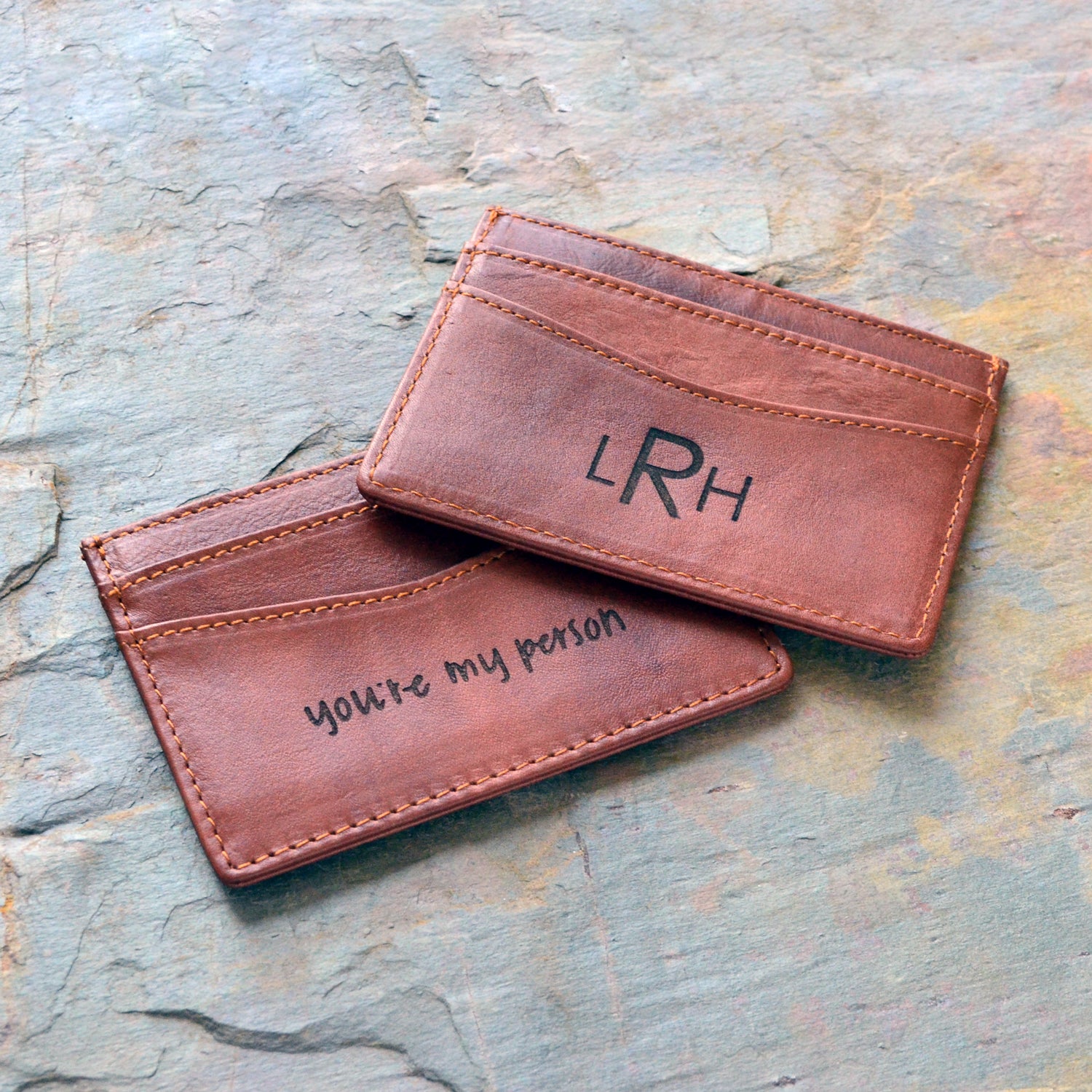 actual handwriting or monogram engraving personalized leather cardholder for him or her