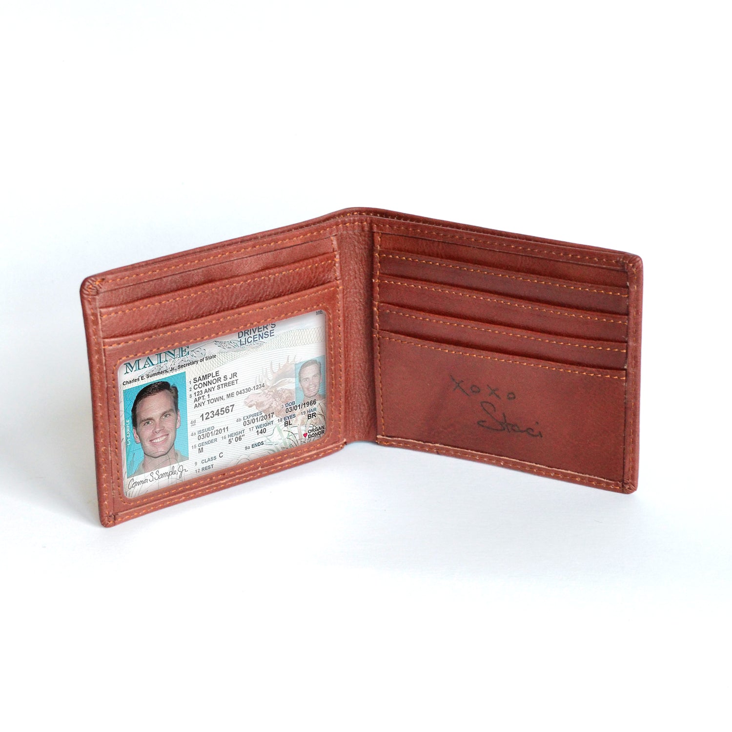 Leather Bi-fold wallet ID Card Window 5 Card Pocket Wallet Personalized Actual Handwriting Engraving