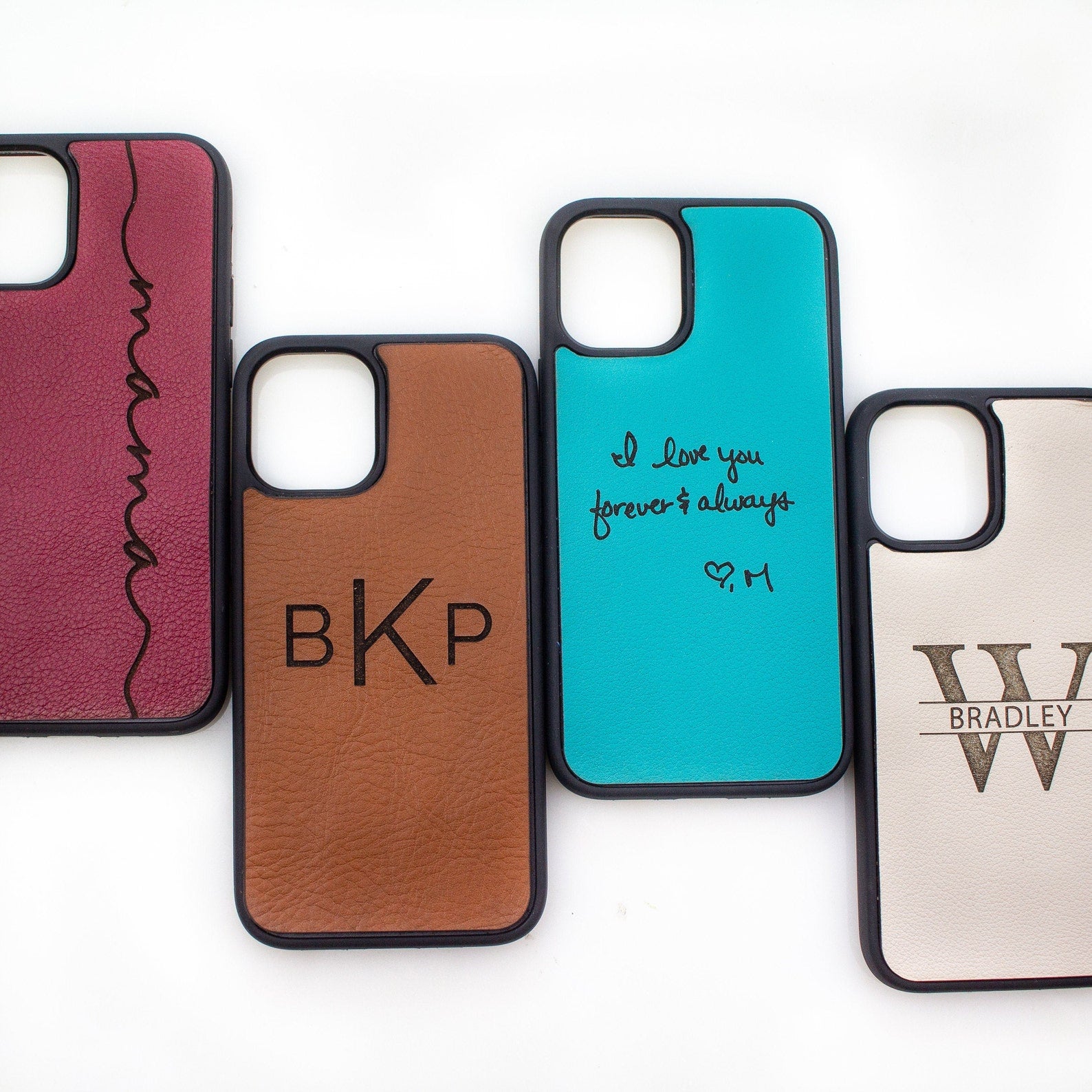 Four genuine full-grain leather phone cases in raspberry, honey, turquoise and nude. Custom name, timeless monogram, handwriting from photo and family monogram. Phone protector, phone case.