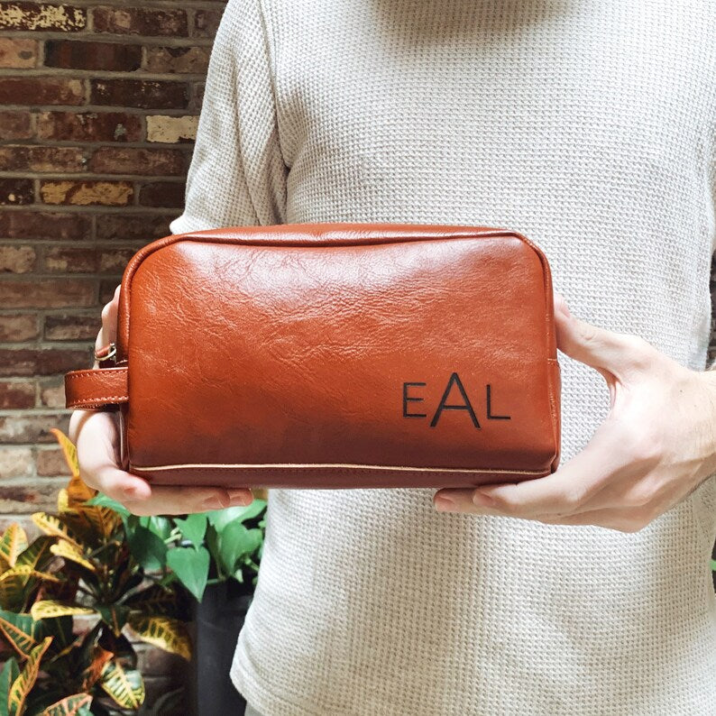 Personalized Tan Leather Toiletry Bag