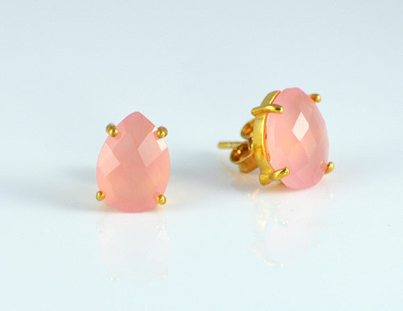 Pink Chalcedony Teardrop Prong Set Stud Earrings : October Birthstone