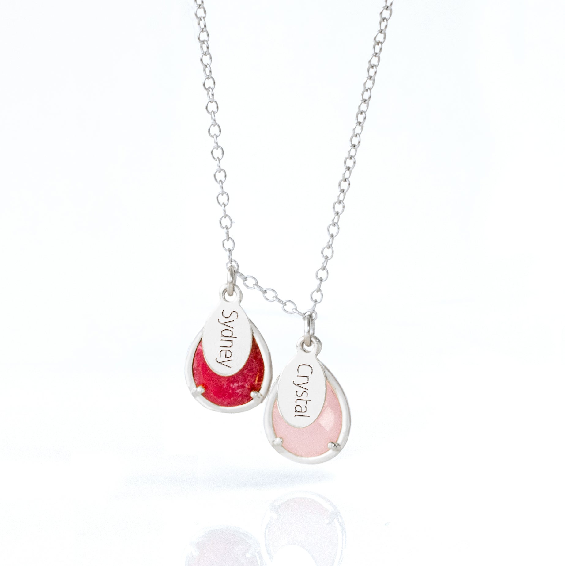 Half Bezel Teardrop Birthstone Necklace with Name Charms