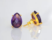 Purple Amethyst Teardrop Prong Set Stud Earrings : February Birthstone