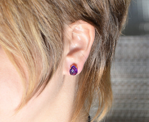 Purple Amethyst Teardrop Prong Set Stud Earrings : February Birthstone