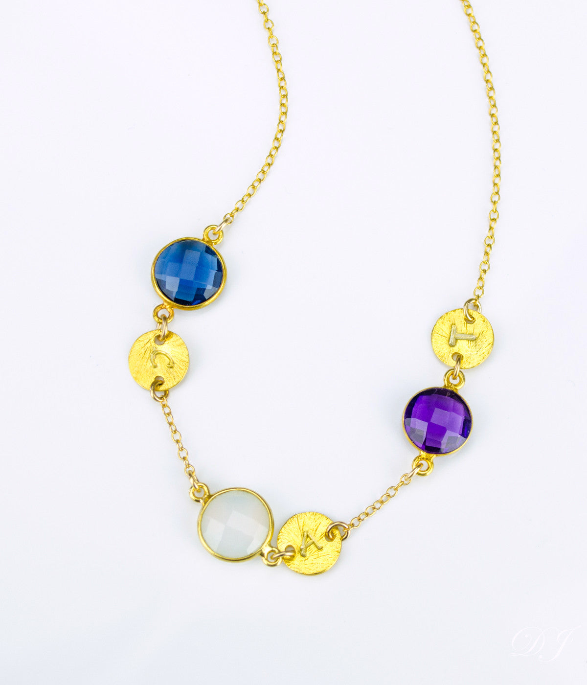 Custom Mother's Necklace with Birthstones & Stamped Initial Disks Spaced Apart