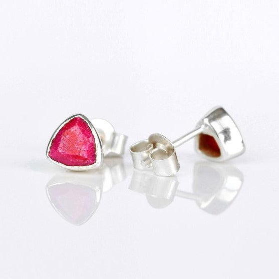 Small Dyed Ruby Triangle Studs, Everyday Earrings