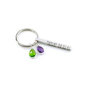 Silver small bar keychain key fob with two children's birthstones.