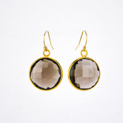 Smoky Quartz Large Round Vermeil Gold or Sterling Silver Bezel Set Earrings