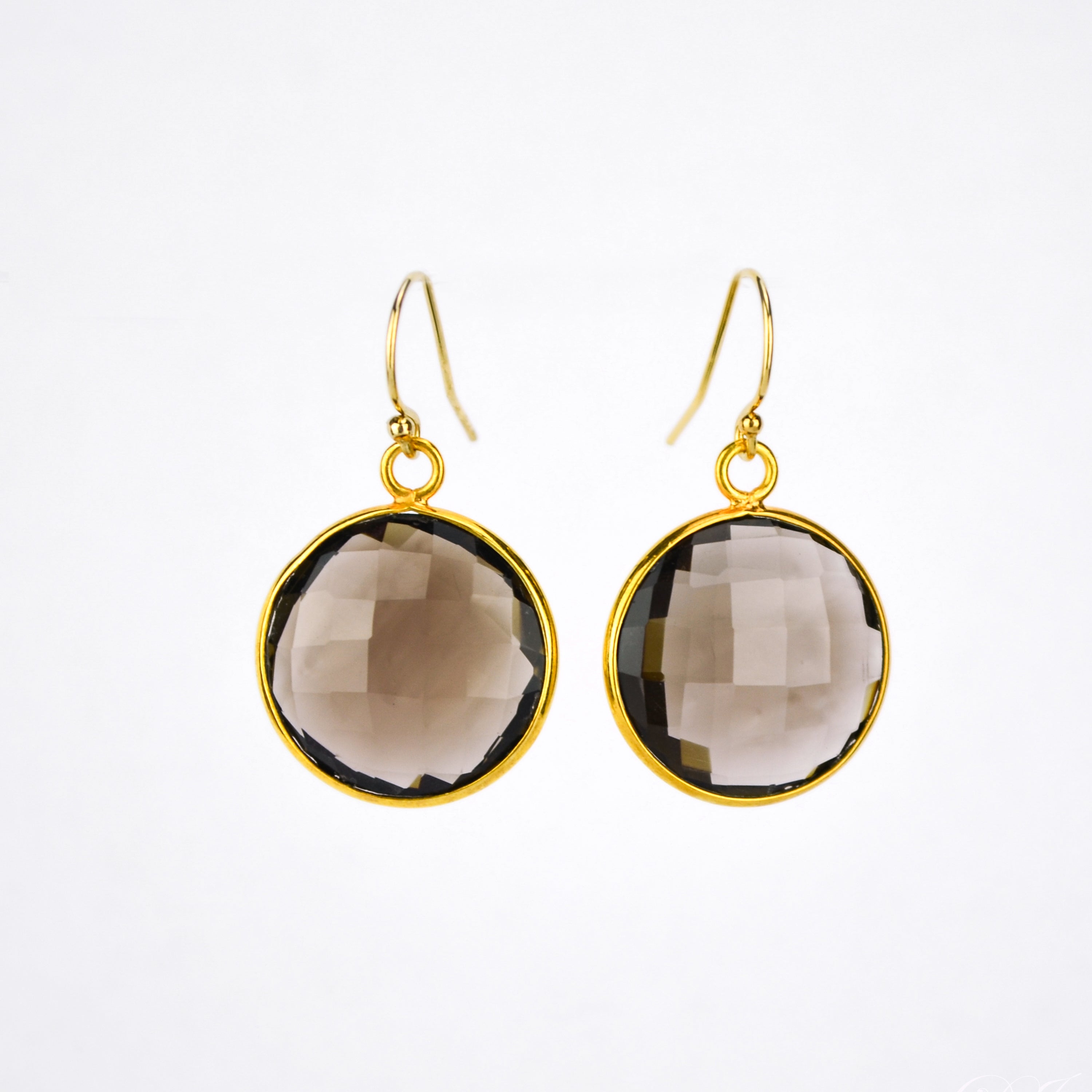 Smoky Quartz Large Round Vermeil Gold or Sterling Silver Bezel Set Earrings