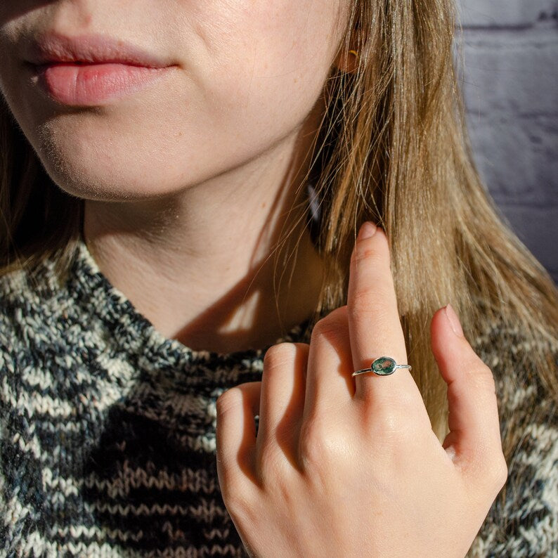 Tiny Oval Moss Agate Bezel Ring