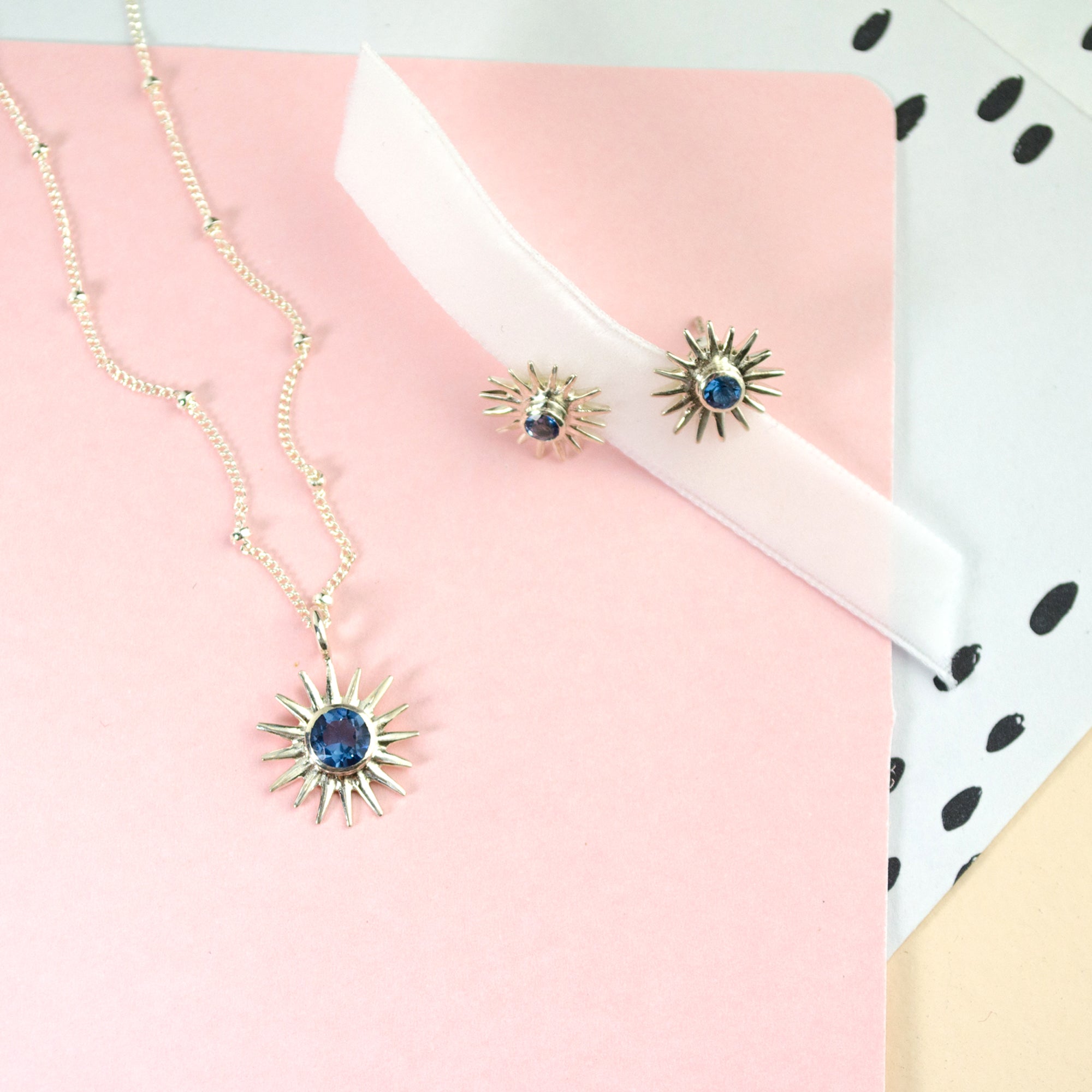 Sun Burst Necklace and Stud Earring Set, Sunshine Birthstone Jewelry Set