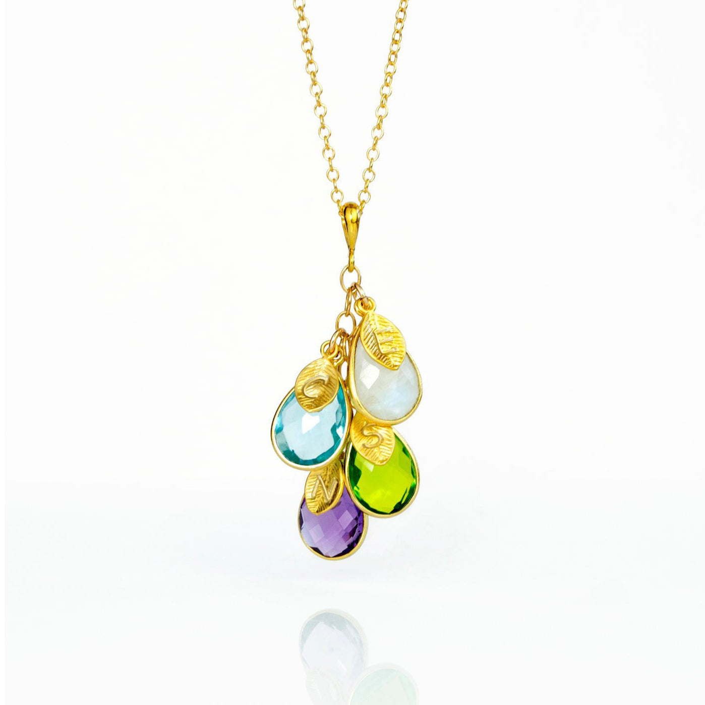 Cascade Birthstone Necklace with Stamped Leaf Charms Vermeil Gold Gold-filled Jewelry 4 Teardrop Birthstones