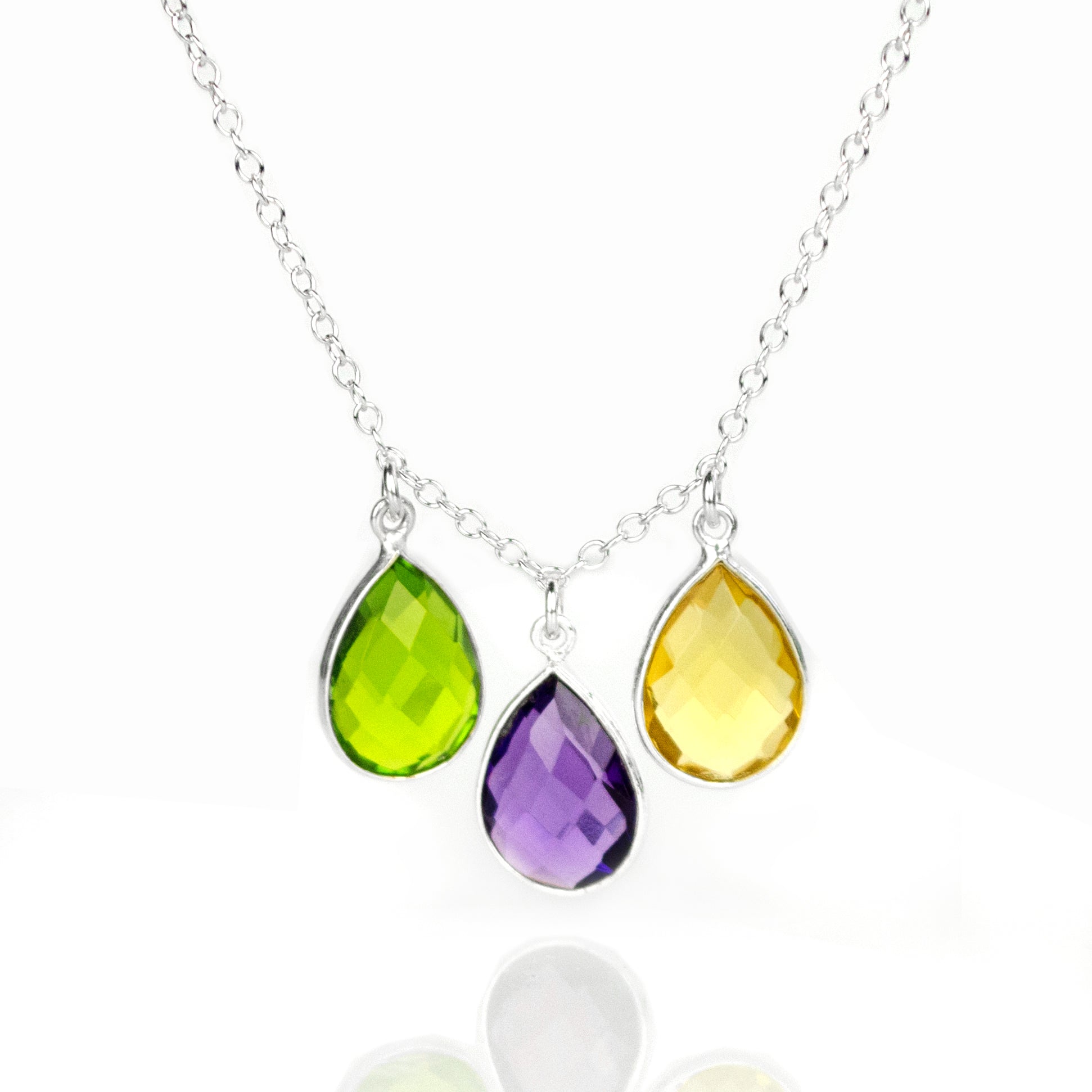 Three Stone Necklace 3 Teardrop Gemstones Peridot Purple Amethyst Citrine Necklace with Kids Birthstones Gift For Mom Grandma