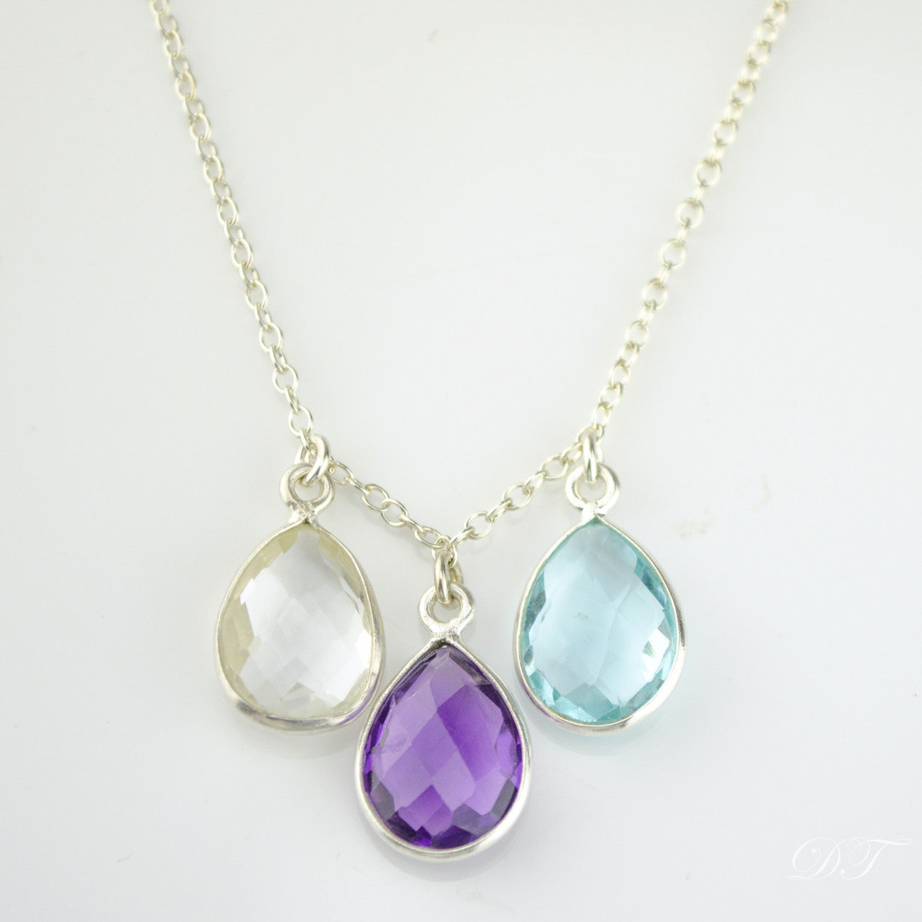 Sterling Silver Birthstone Charm Necklace Three Stones Clear Quartz Purple Amethyst Sky Blue Topaz Kids Birthstones