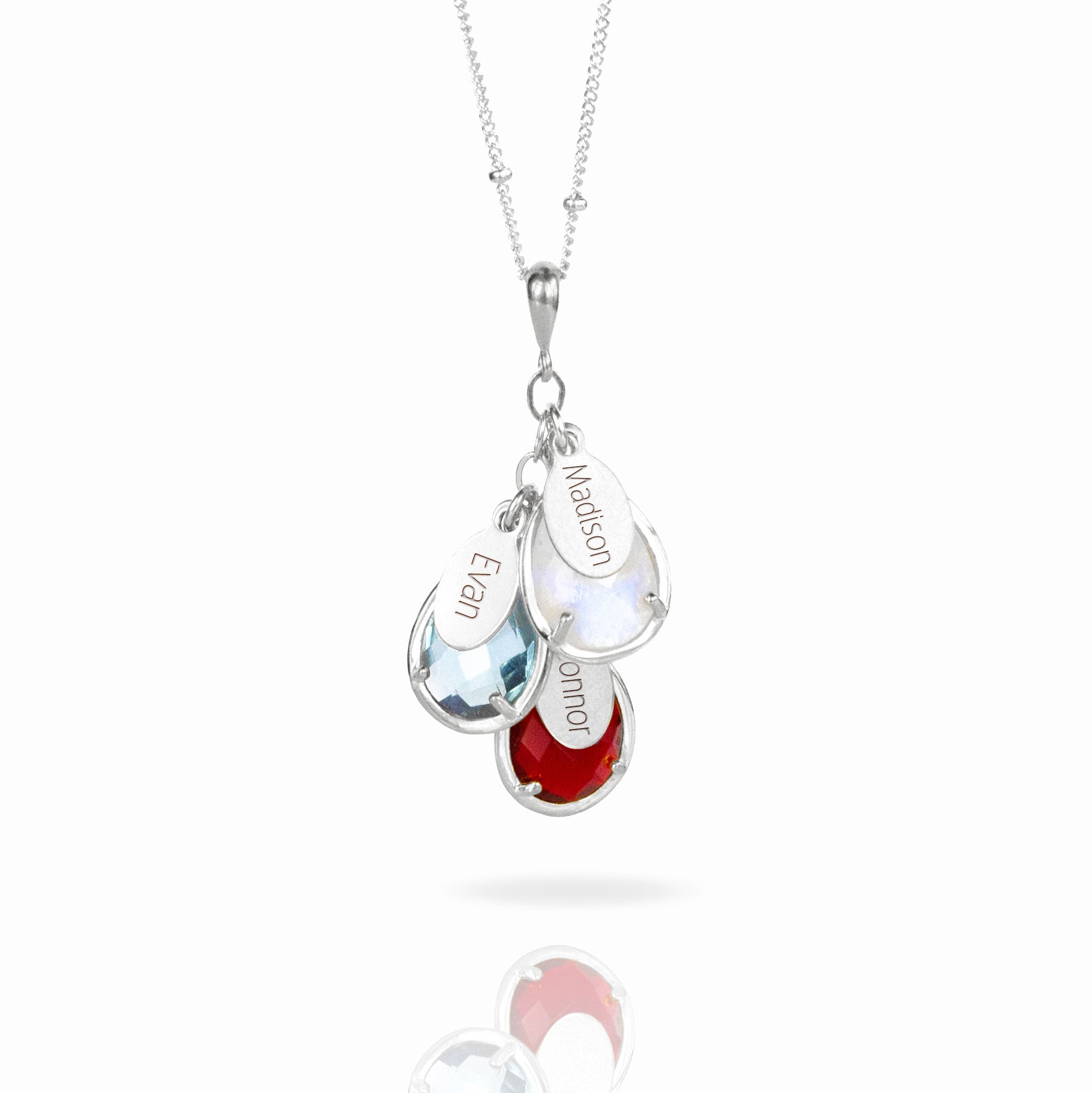 Mother's Birthstone Family Tree Necklace with Teardrop Prong Gemstones and Kids Names in Sterling Silver with Rainbow Moonstone, Sky Blue Topaz, and Garnet birthstones on a Satellite Chain