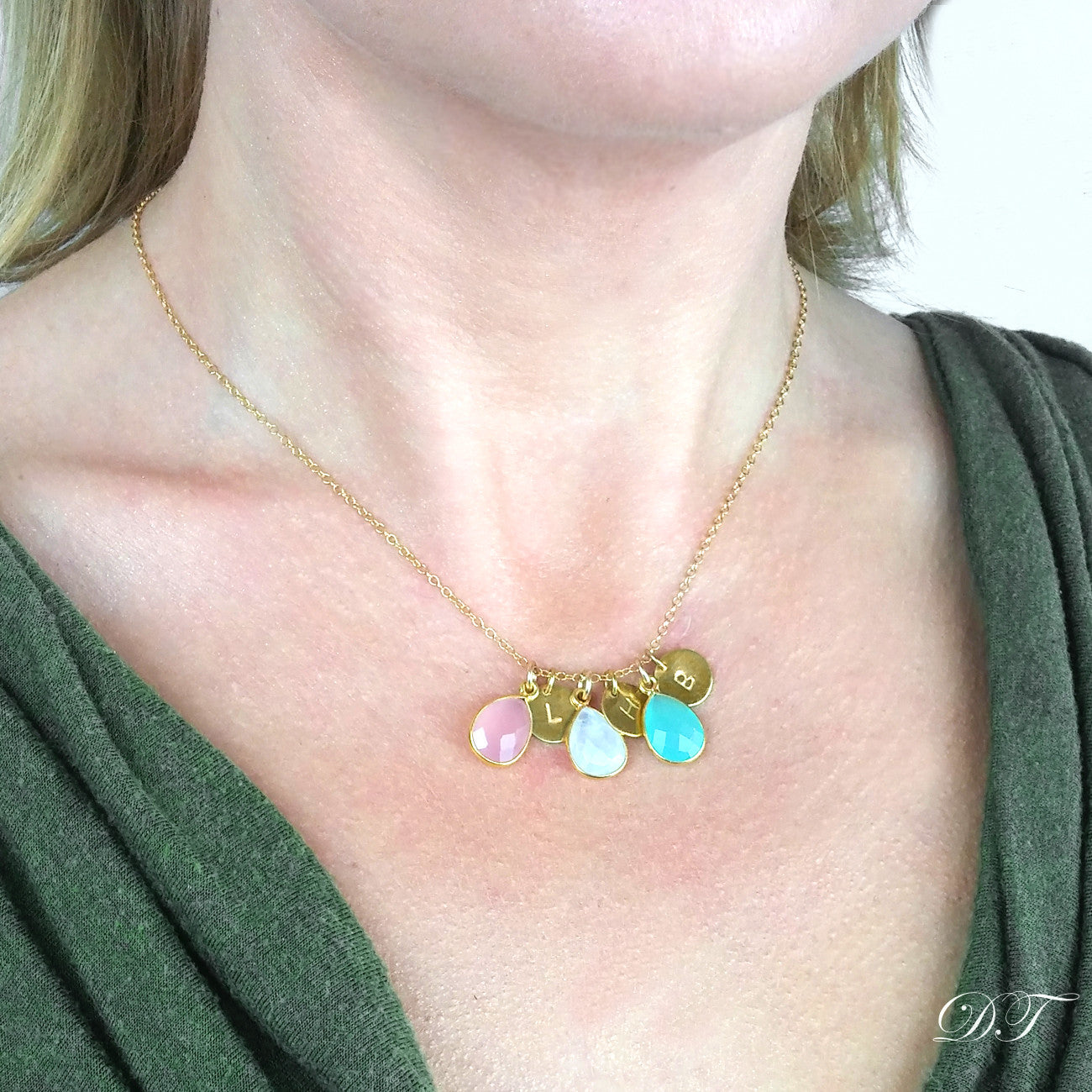 Colorful Custom Cluster Necklace with Teardrop Birthstones and Stamped Polished Disks