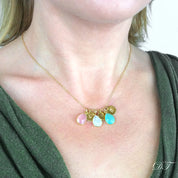 Colorful Custom Cluster Necklace with Teardrop Birthstones and Stamped Polished Disks