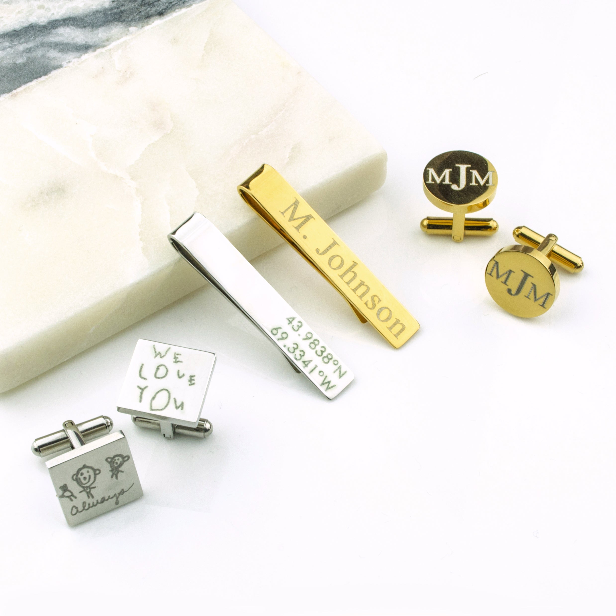 Custom Engraved Metal Tie Clip & Cufflinks Set – Danique Jewelry