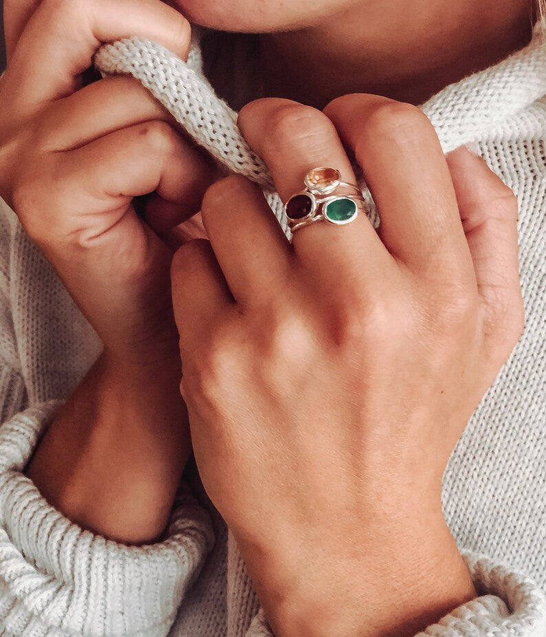 Tiny Oval Moss Agate Bezel Ring