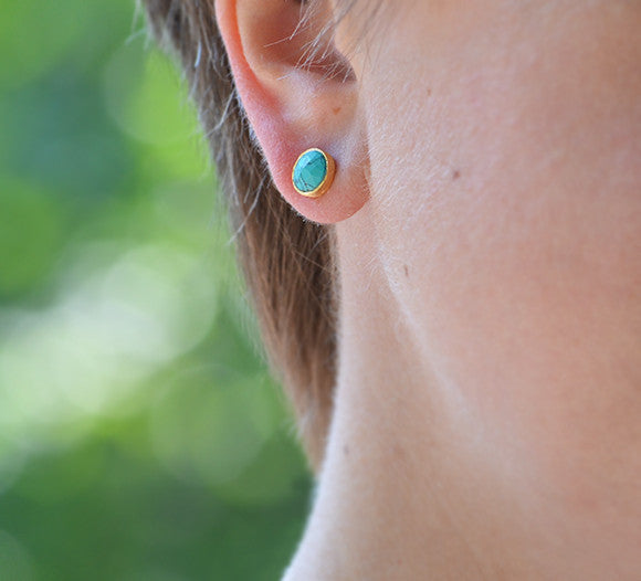 Turquoise Small Round Bezel Set Stud Earrings - December Birthstone