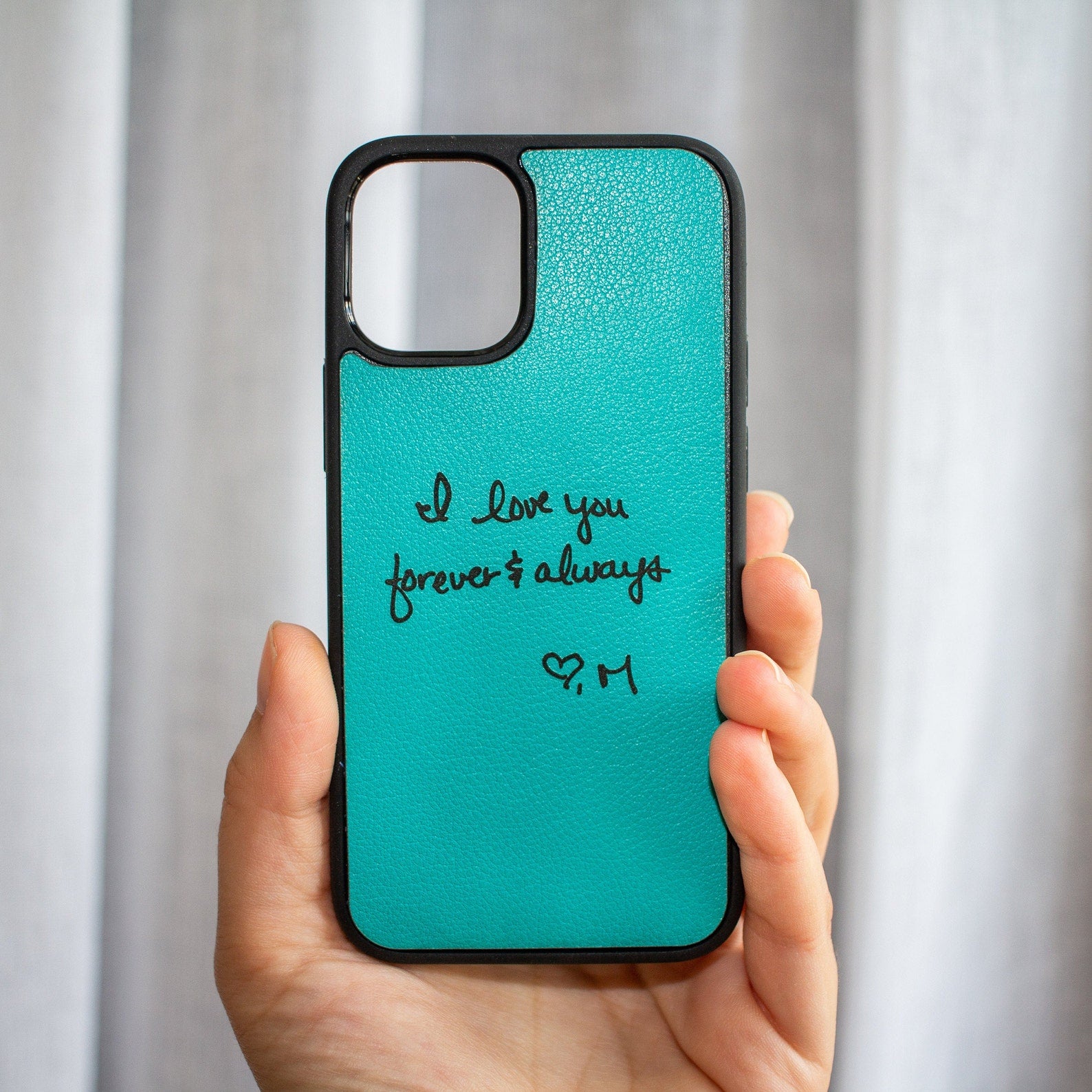 Turquoise phone cover case with handwriting from a photograph. Personalize your phone case with a special signature, message or drawing from photo.