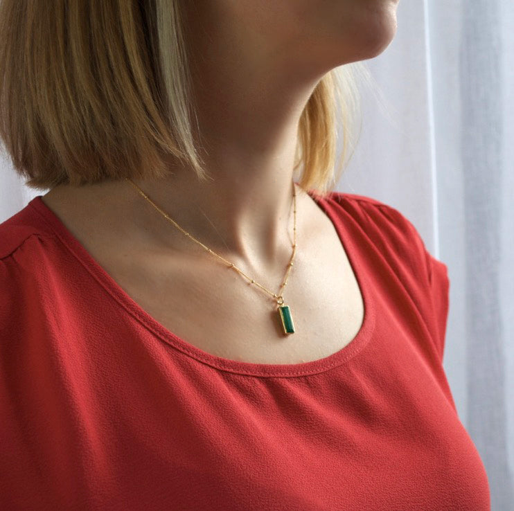 Green Onyx Vertical Bar Necklace : May Birthstone : Adira Series