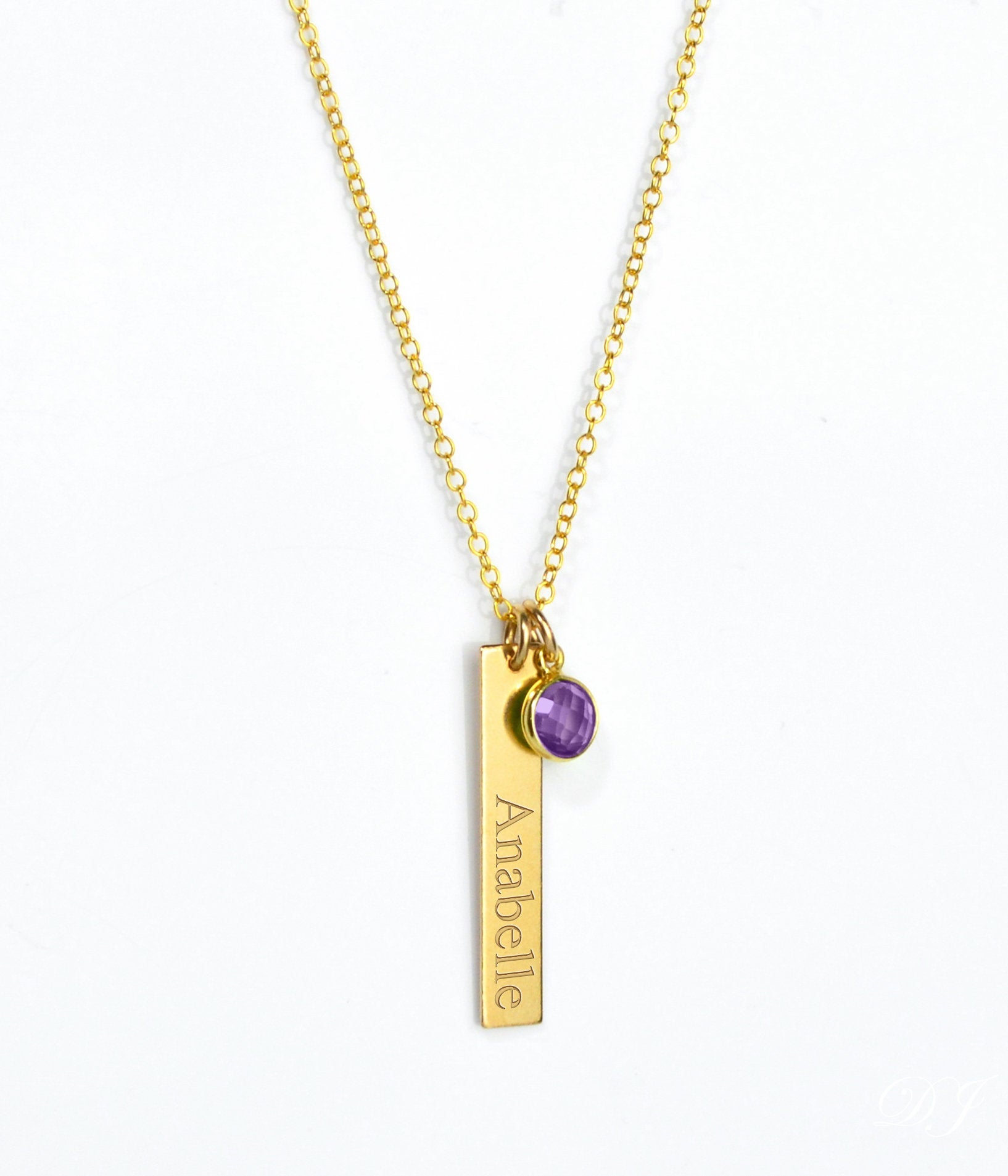 Engraved Bar Charm & Birthstone Necklace