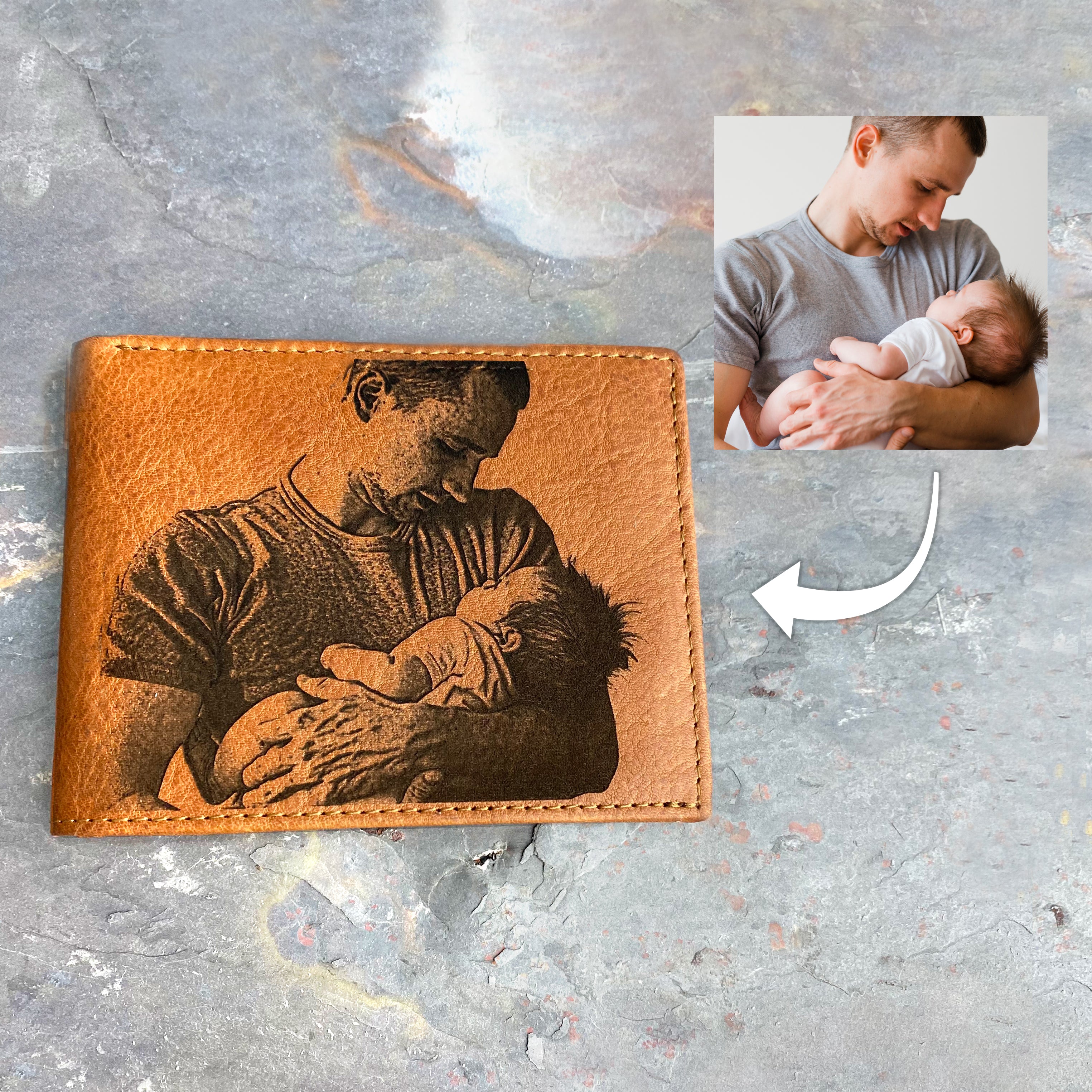 Personalized honey wallet from photograph of dad and newborn baby. Commemorate an anniversary, birthday, or wedding party