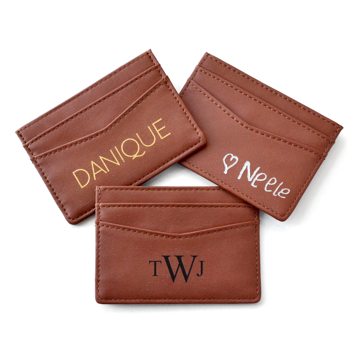 brown leather card holder engraved with color fill options