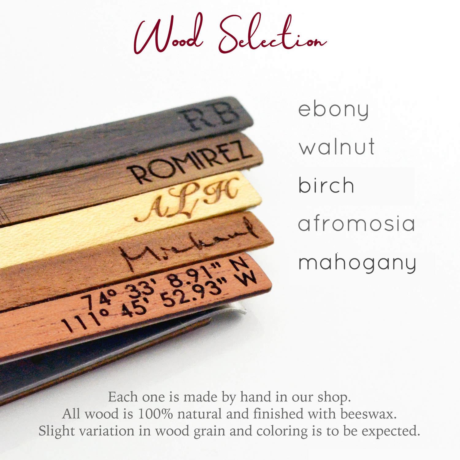 Wood Selection Ebony Walnut Birch Afromosia Mahogany Personalized Wood Gifts