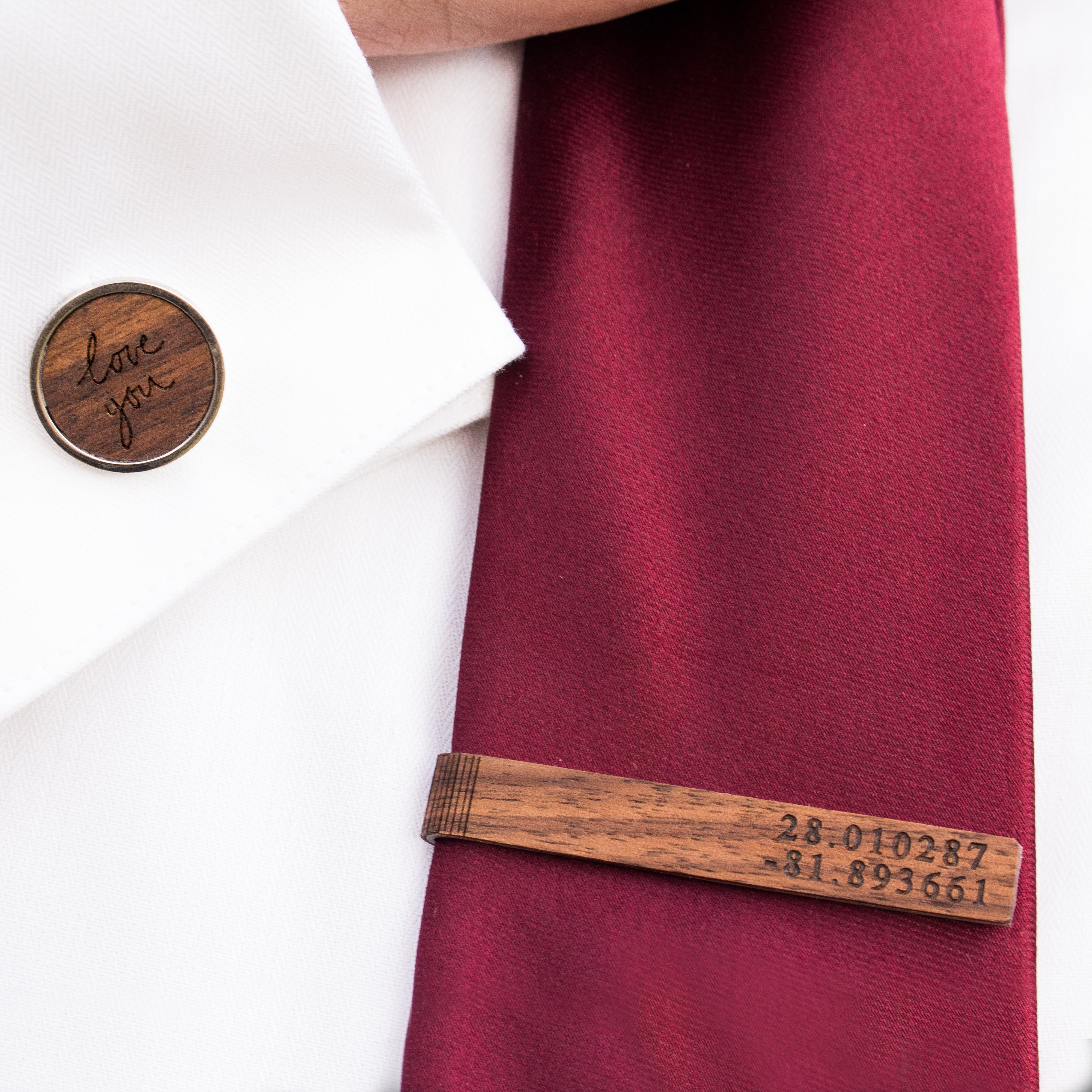 Shop our matching real wood cufflinks and tie clips as a set. Each can have a custom engraving from photograph, coordinates, name or initials, or a special date. 