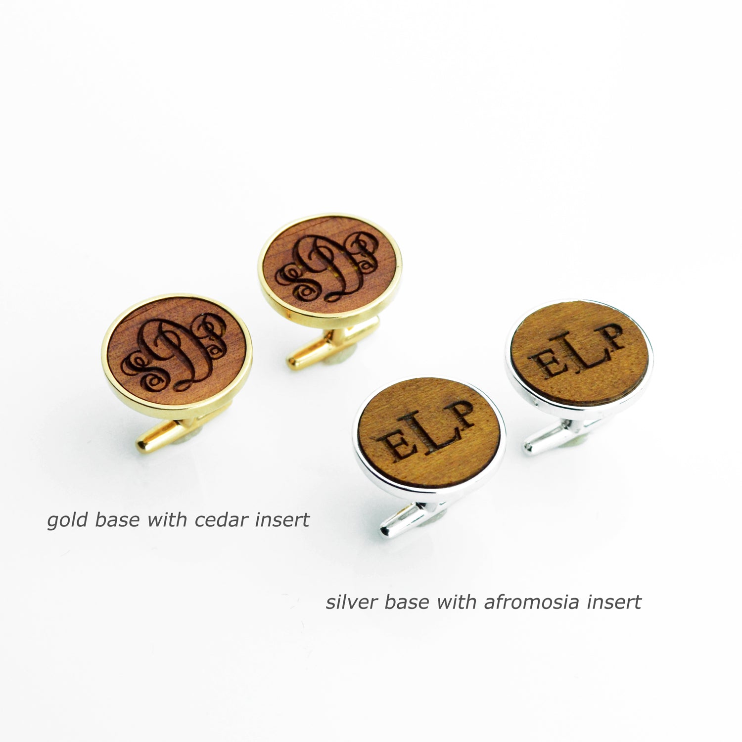 We handcraft each piece of real walnut, cedar, afromosia, burch, ebony or cedar and protect with natural beeswax to set in each cufflink. Choose from a silver (rhodium) or gold (brass) base for the perfect coloring.