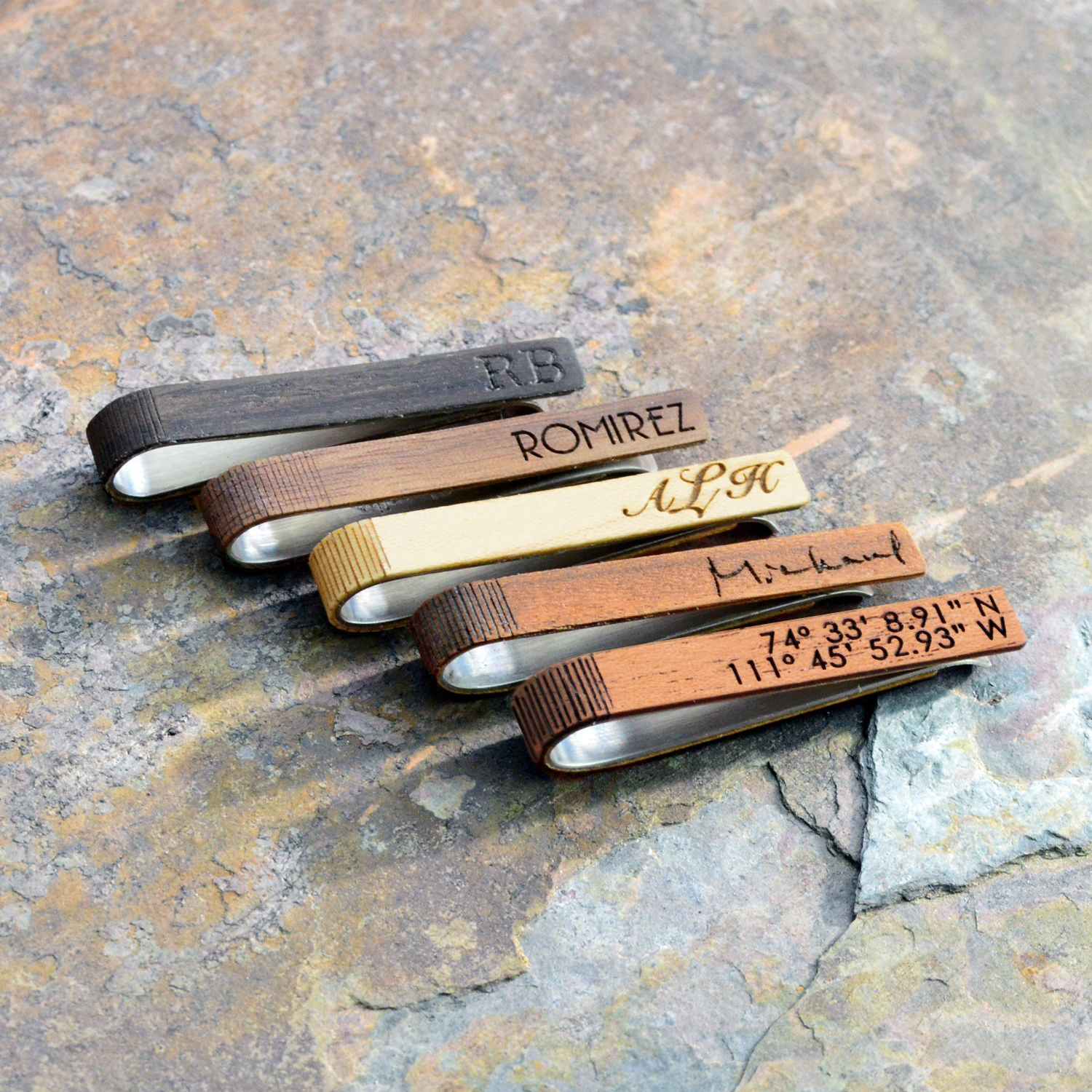 Personalized Tie Clips | Custom Engraved Mahogany Wood Tie Bar No / 1.6 Inches (Skinny)