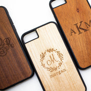 Three custom engraved phone proctor, phone case. Birch wood with wreath monogram.